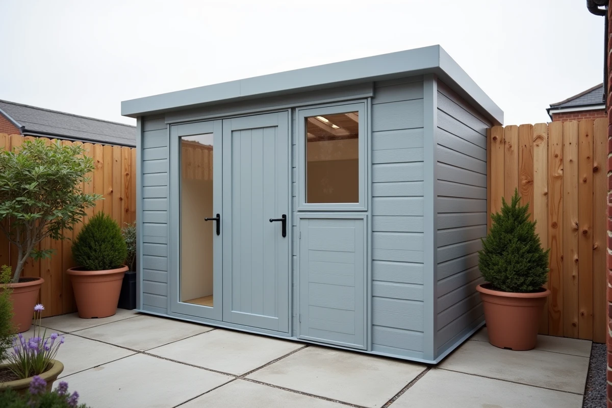 Abri de jardin préfabriqué moderne à toit monopente dans un jardin urbain, montrant la hauteur réglementaire sans permis de construire