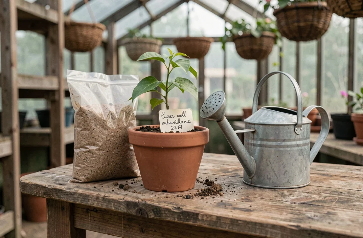 Accessoires d'entretien pour bougainvillier en pot sur un établi de jardinage rustique avec terreau, arrosoir et bouture en pot