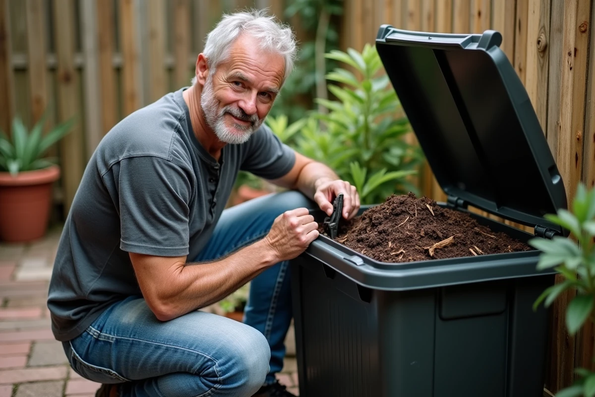 Homme utilisant un aérateur pour retourner le compost dans un bac plastique sur une terrasse urbaine