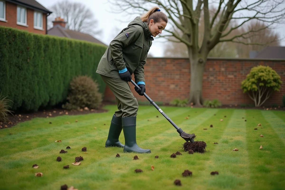 Femme aérant une pelouse avec un aérateur manuel avant la saison hivernale dans un jardin de banlieue