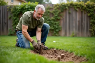 Homme aérant sa pelouse avec un aérateur manuel à carottes dans un jardin résidentiel au printemps