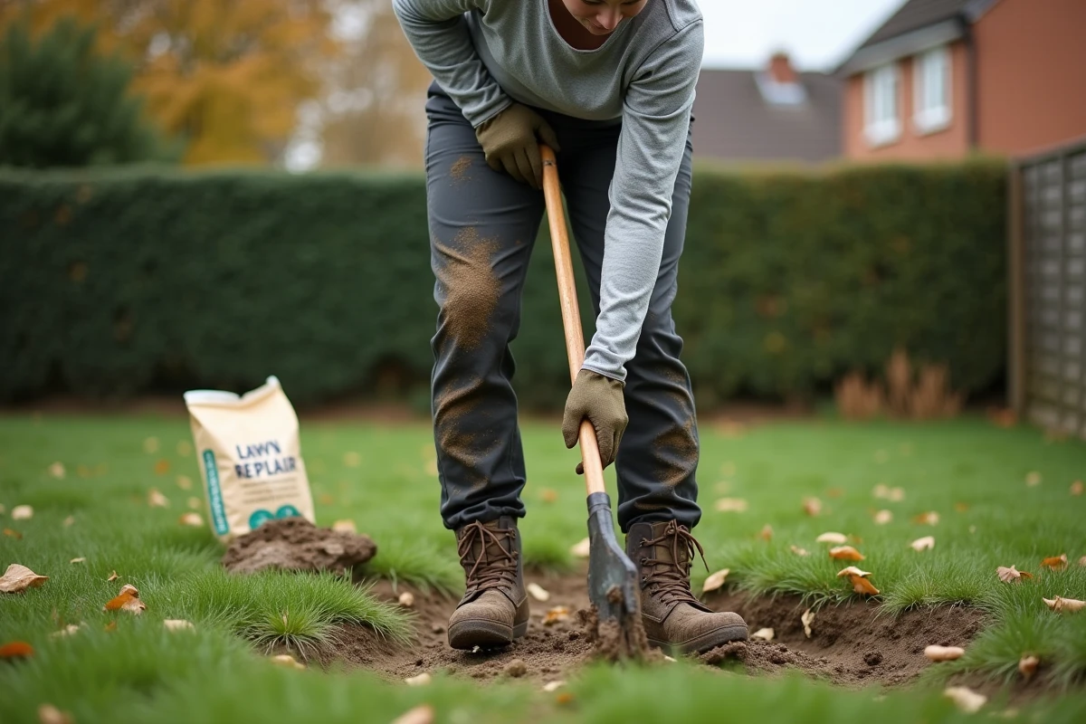 Femme utilisant un aérateur manuel sur une pelouse abîmée et envahie de mauvaises herbes en automne