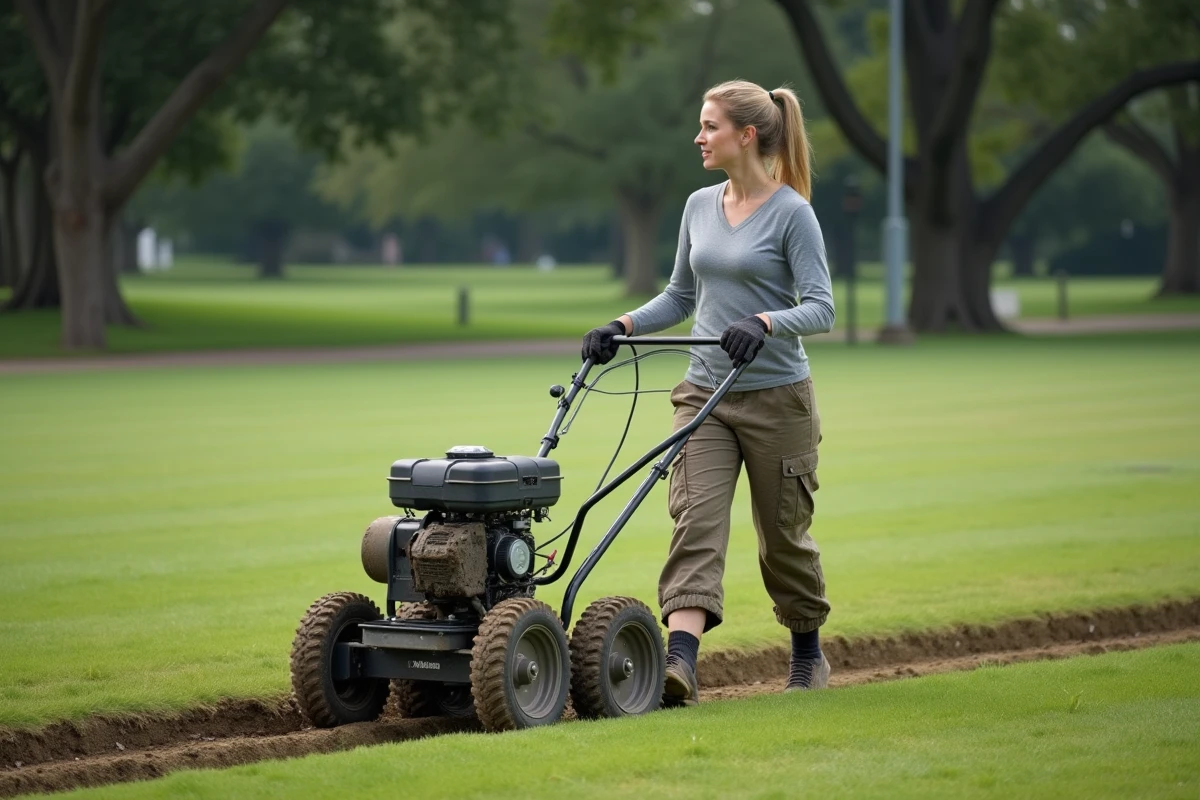 Femme utilisant un aérateur mécanique tractable sur un grand terrain gazonné dans un parc public