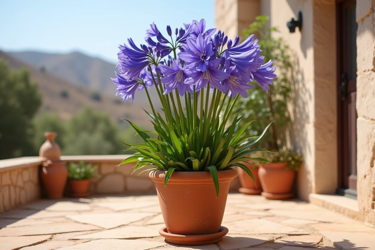Agapanthe en fleurs dans un pot en terre cuite sous la chaleur estivale méditerranéenne