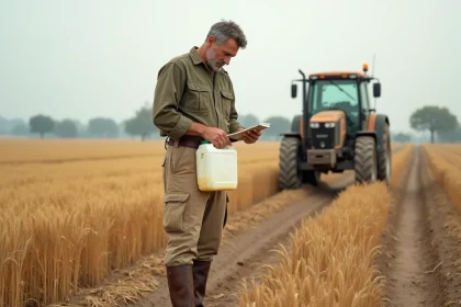 Agriculteur espagnol lisant l'étiquette d'un bidon de glyphosate de 5 litres dans un champ de blé récolté