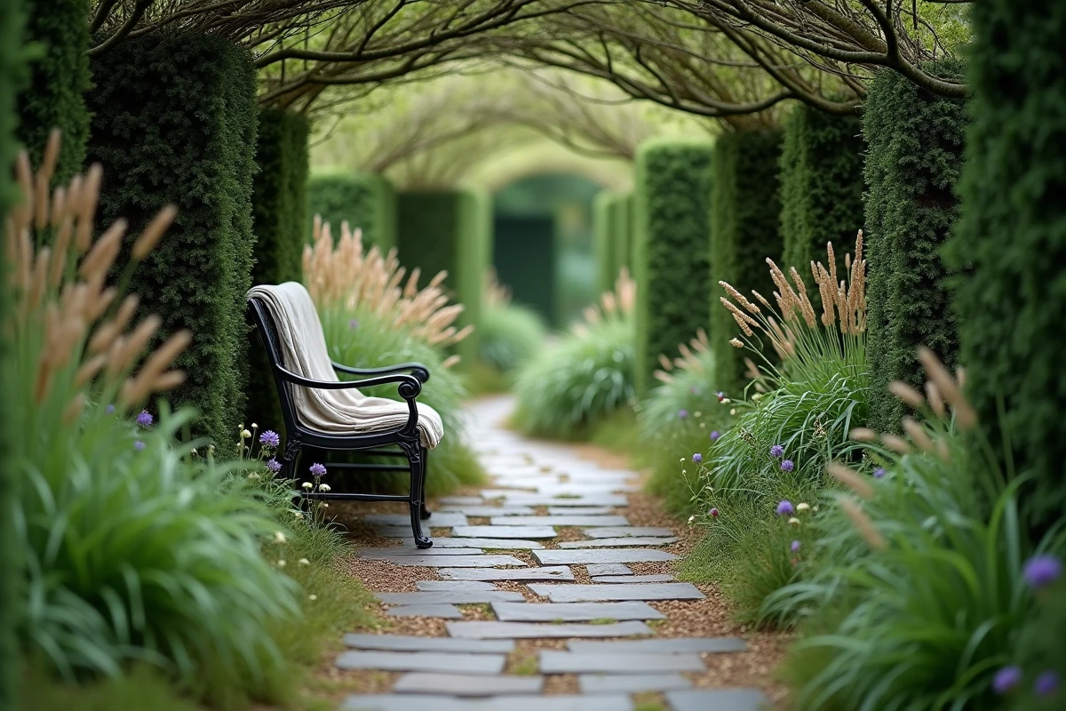 Allée sinueuse en pierre dans un jardin secret avec haies de buis et végétation dense formant un tunnel naturel