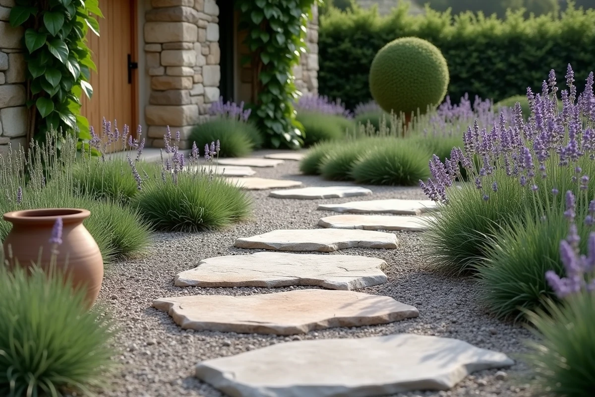 Allée de jardin en pierres naturelles irrégulières bordée de lavande et de graviers gris