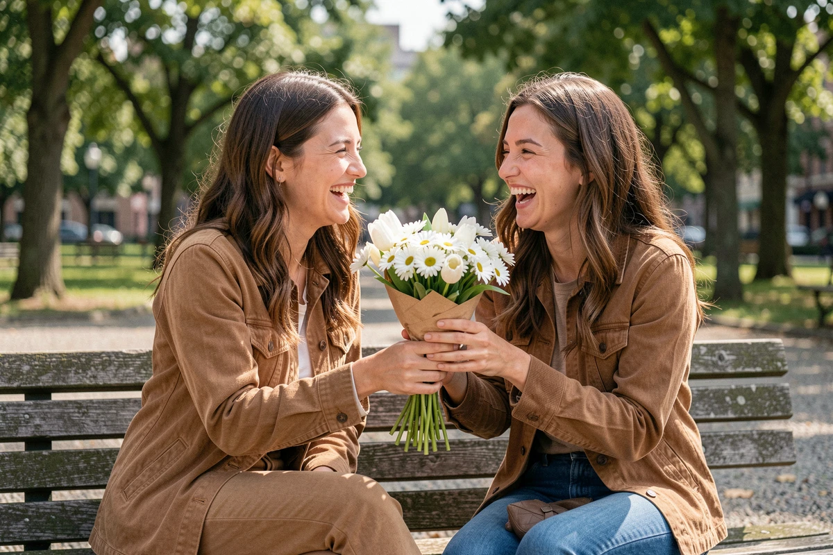 Deux amies partageant un bouquet de fleurs blanches dans un parc symbole d'amitié sincère et de tendresse
