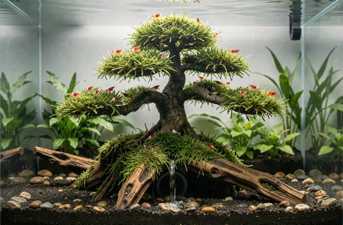 Arbre à crevette en mousse de Java peuplé de crevettes rouges dans un aquascape planté