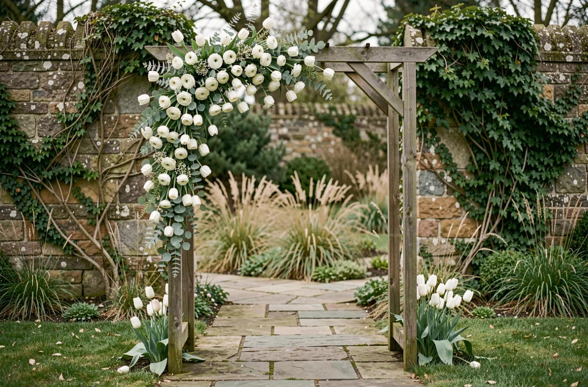 Arche de cérémonie décorée de fleurs blanches dans un jardin en plein air pour un mariage