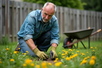 Homme en train d'arracher des mauvaises herbes à la main dans une pelouse envahie de pissenlits et de trèfle