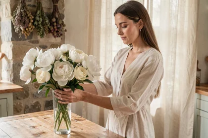 Femme arrangeant un bouquet de fleurs blanches dans un vase en verre sur une table en bois rustique