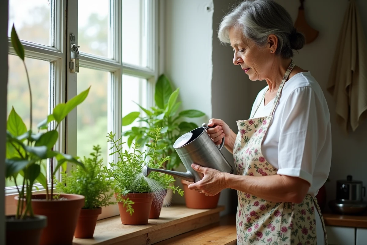 Femme arrosant ses plantes d'intérieur pendant la canicule pour maintenir leur hydratation