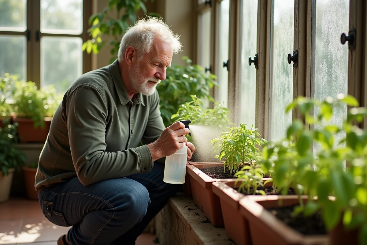 Homme vaporisant de l'eau sur des semis en germination dans un jardin d'hiver avec des fenêtres en fer forgé et des plantes en pot