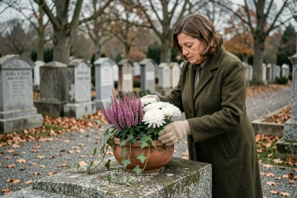 Femme arrangeant des chrysanthèmes blancs et de la bruyère violette dans un pot de cimetière en hiver pour la Toussaint