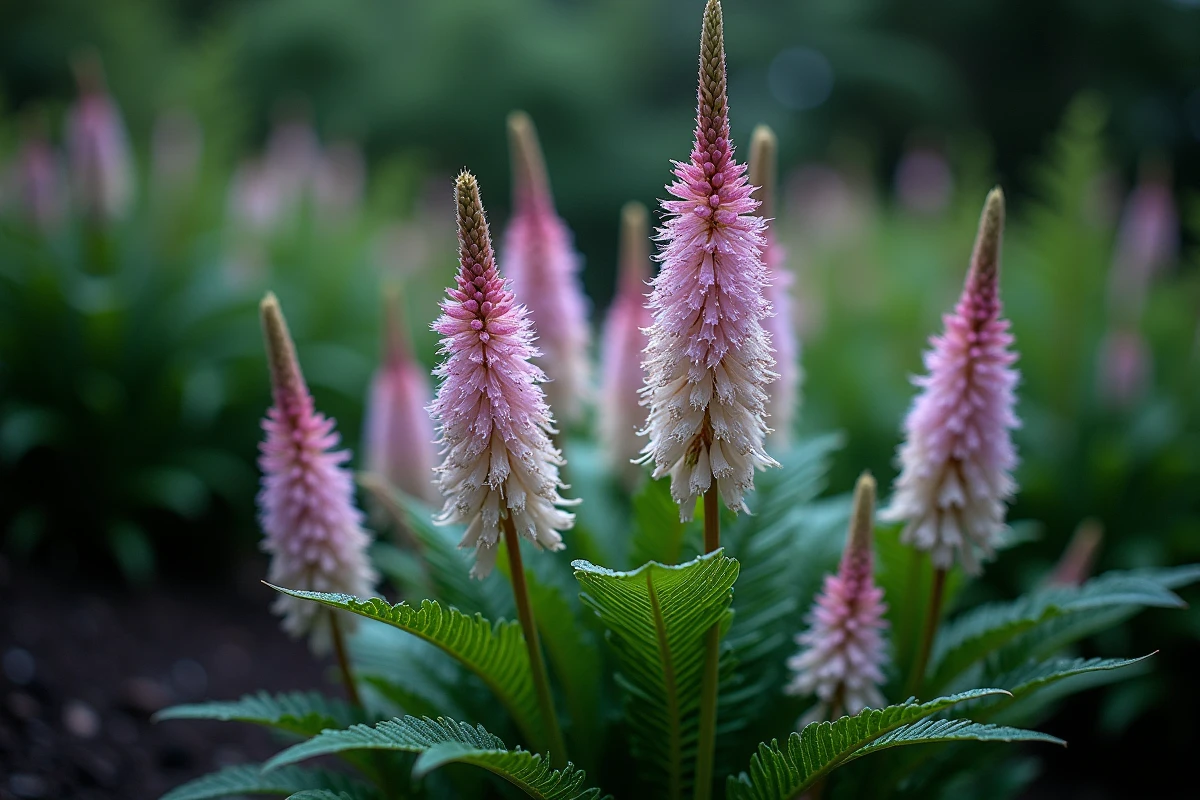 Gros plan sur des astilbes en fleurs roses et blanches dans un jardin ombragé avec fougères en arrière-plan