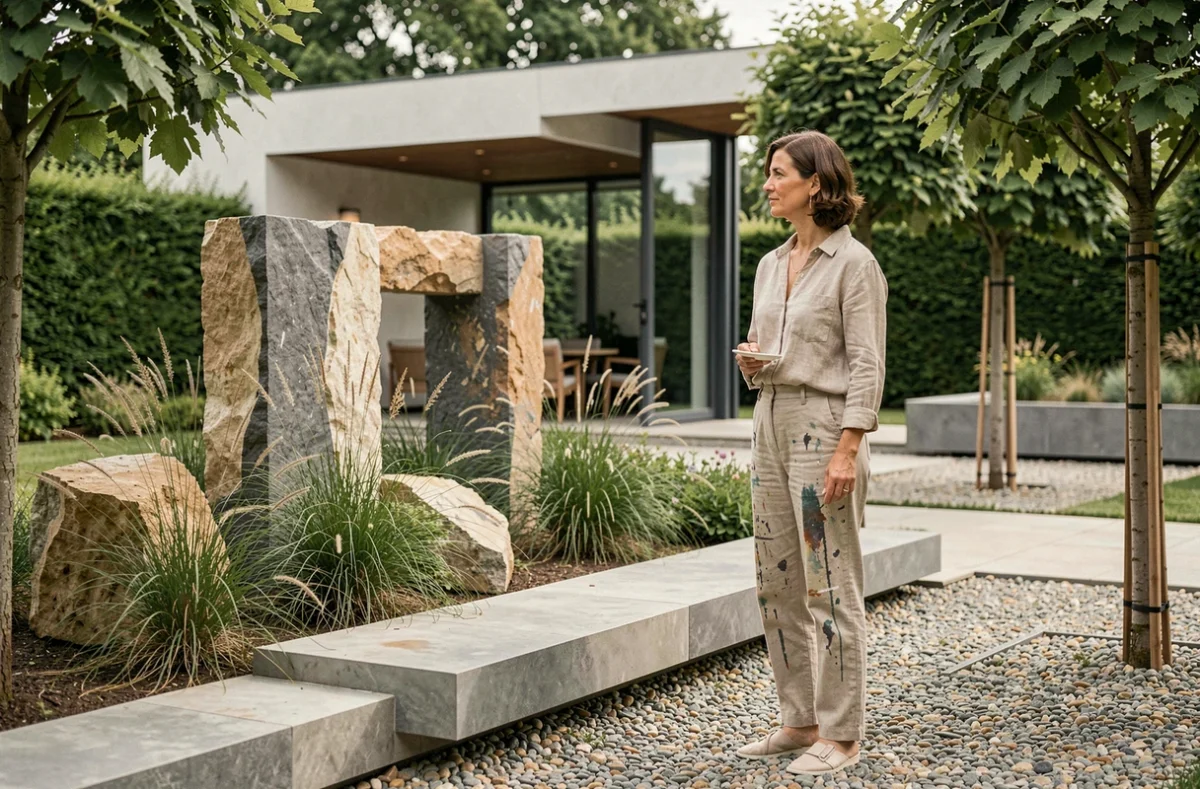 Paysagiste d'Atelier Coralis présentant une installation artistique dans un jardin contemporain