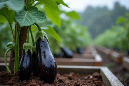 Plant d'aubergine sous la pluie avec des gouttelettes d'eau sur les fruits et les feuilles dans un potager