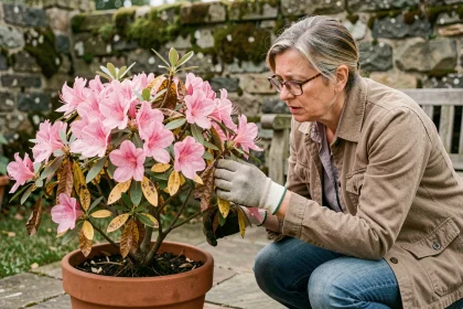 Femme inspectant un azalée en pot avec des feuilles jaunissantes et brunissantes, signes de maladie dans un jardin en terrasse