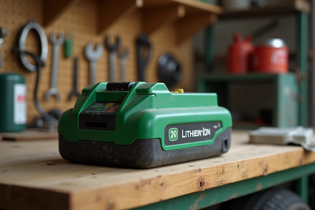 Batterie de tondeuse à gazon posée sur un établi en bois dans un garage