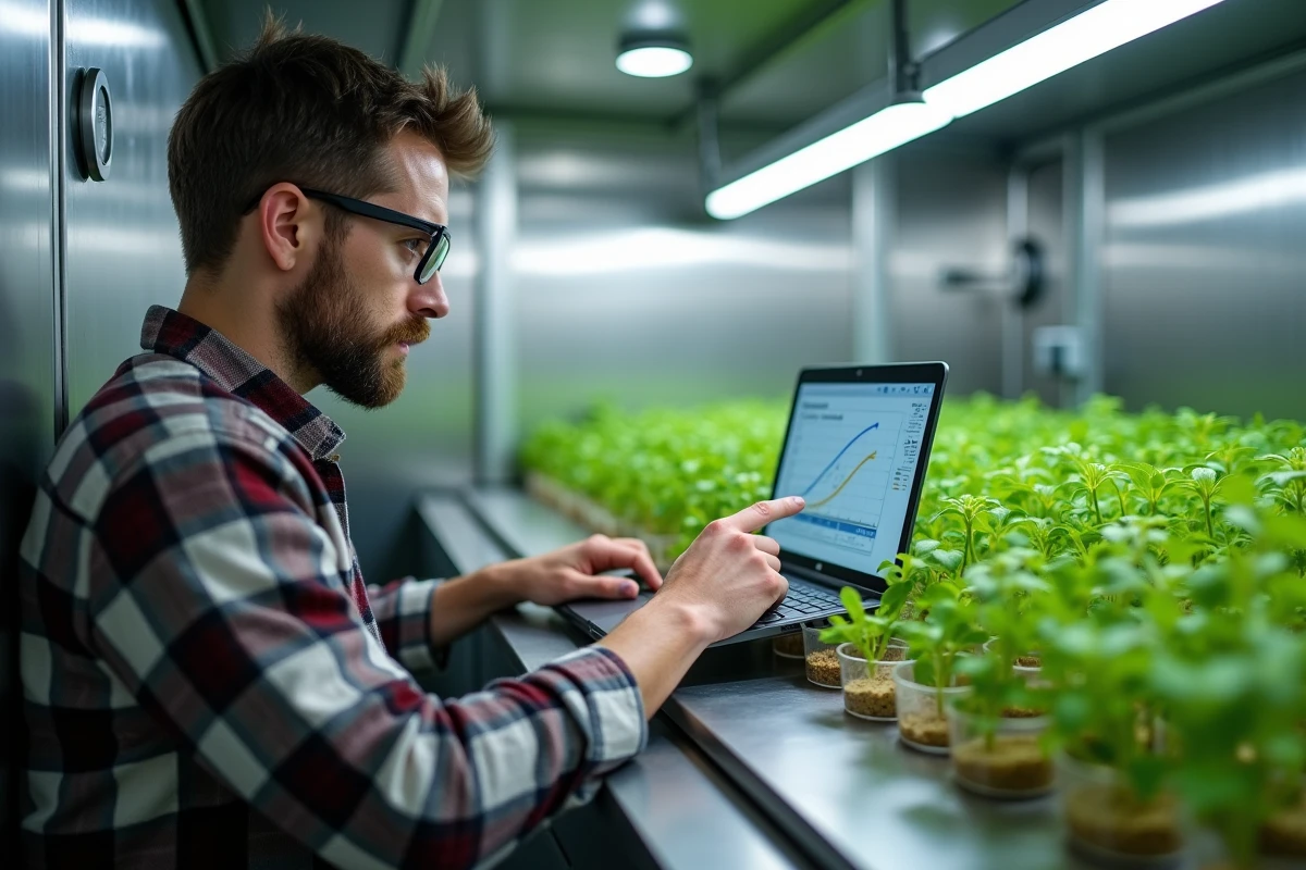 Biologiste analysant des données de réponse au stress végétal sur ordinateur dans une chambre de culture contrôlée