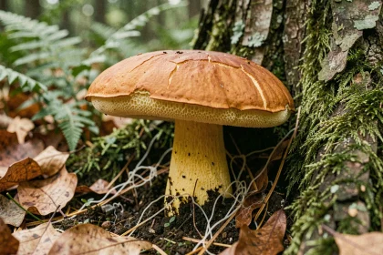 Bolet à chair jaune poussant au pied d'un chêne en forêt tempérée européenne, vue en contre-plongée mettant en valeur la surface du chapeau et les pores jaunes