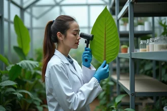 Botaniste examinant les nervures d'une feuille tropicale en serre universitaire pour étudier la perception végétale