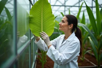 Botaniste examinant une feuille de canne à sucre dans une serre tropicale, illustrant la photosynthèse efficace des plantes C4