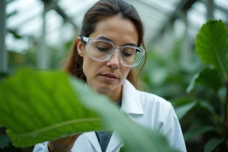 Botaniste examinant une feuille verte en serre pour comprendre le rôle du CO2 dans la photosynthèse