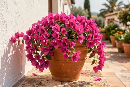 Bougainvillier en pot sur une terrasse en pierre avec des bractées magenta éclatantes et un mur blanchi à la chaux en arrière-plan
