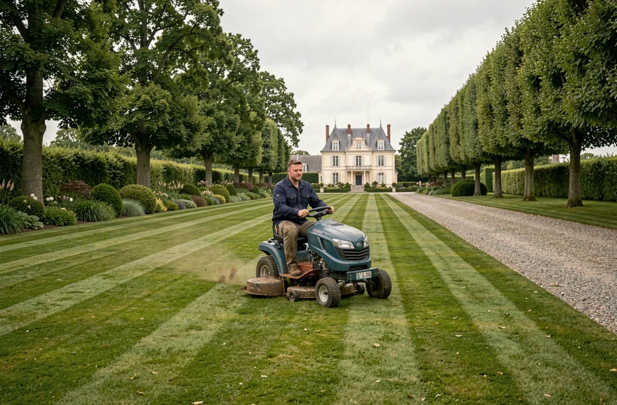 Jardinier de Boutin Paysage tondant une vaste pelouse d'un domaine en Centre-Val de Loire