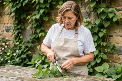 Femme qui taille une bouture de chèvrefeuille avec un sécateur sur une table de jardin en bois