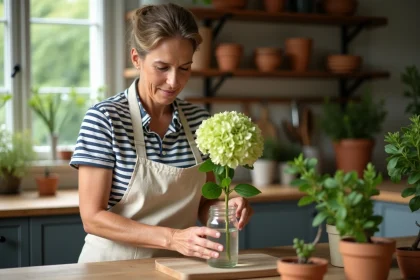 Femme plaçant une bouture d'hortensia dans un bocal en verre rempli d'eau sur une table en bois rustique