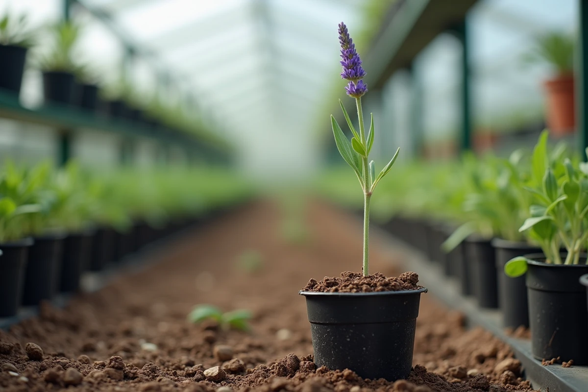 Gros plan d'une bouture de lavande plantée dans un pot de substrat sablonneux avec radicelles naissantes