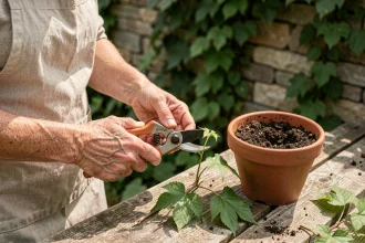 Femme taillant une bouture de vigne vierge sur un établi de jardinage en bois avec des outils de coupe propres