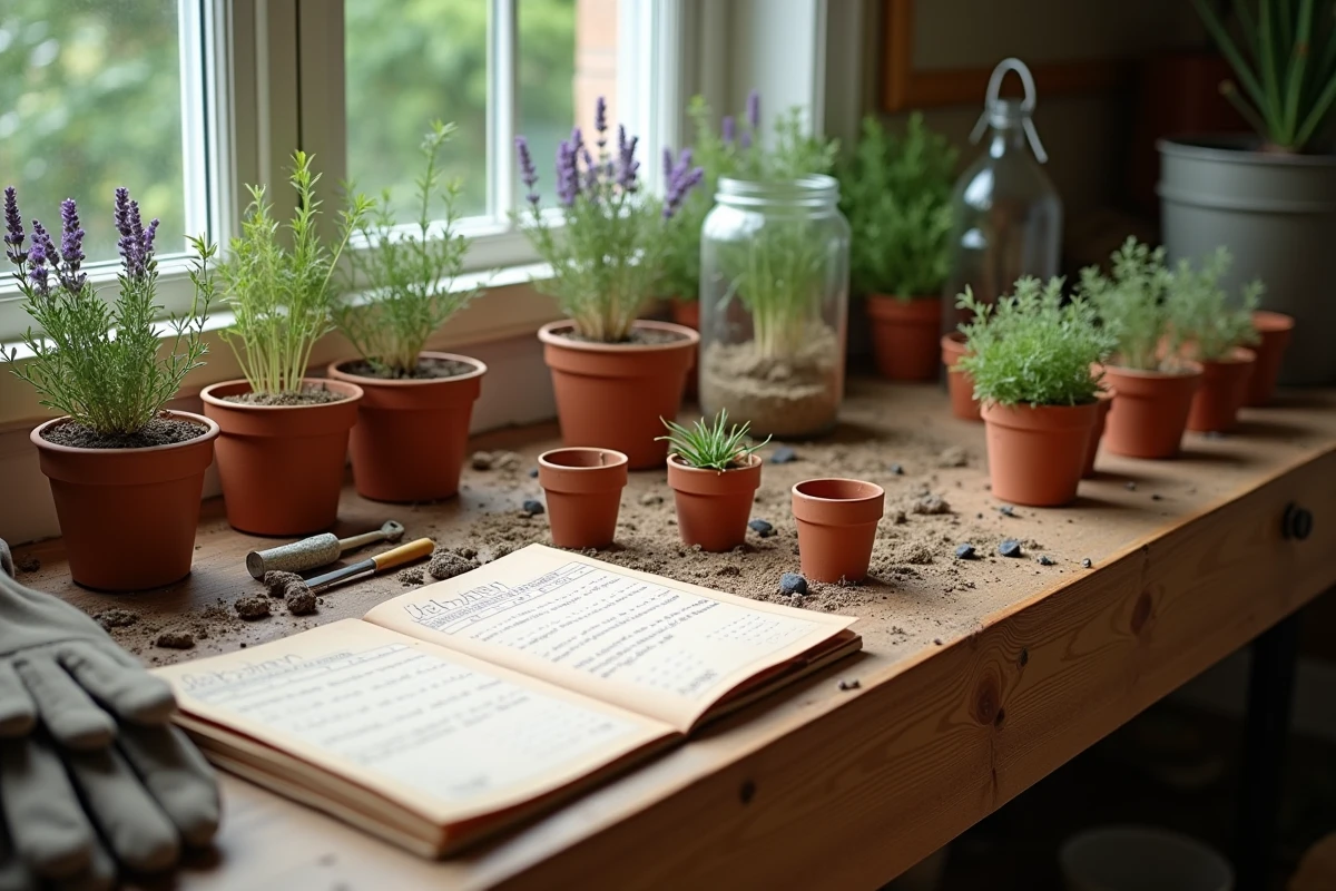 Boutures de lavande en godets de terracotta sur un établi de jardinage avec calendrier 2026 et outils artisanaux