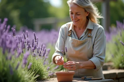 Femme expérimentée prélevant une bouture de lavande avec des ciseaux de jardinage dans un jardin provençal
