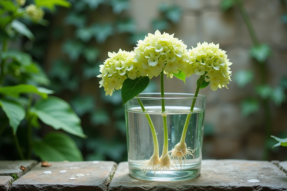 Gros plan de boutures d'hortensia avec racines naissantes dans un vase en verre transparent sur un rebord de fenêtre de jardin