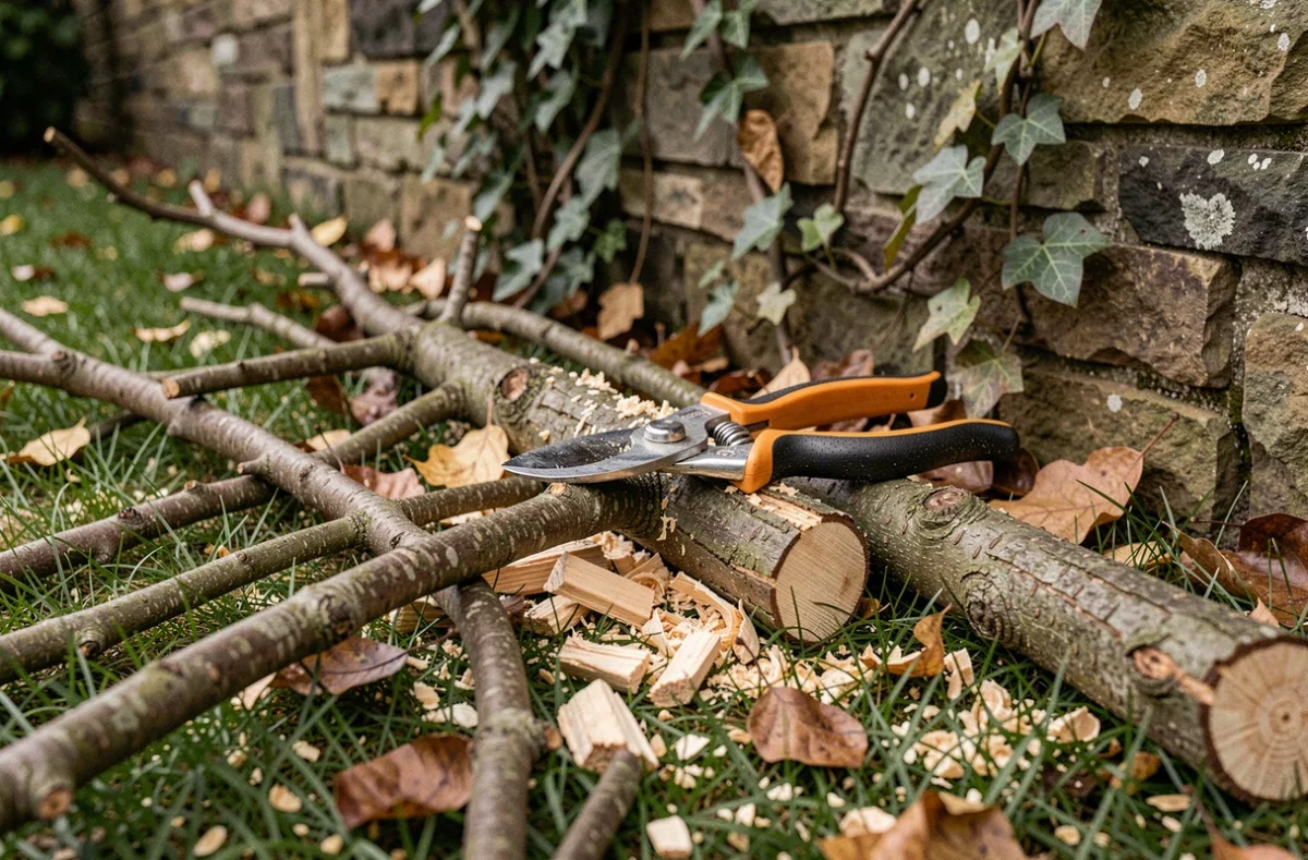 Branches fraîchement élaguées et sécateur posés près d'un mur de propriété en pierre
