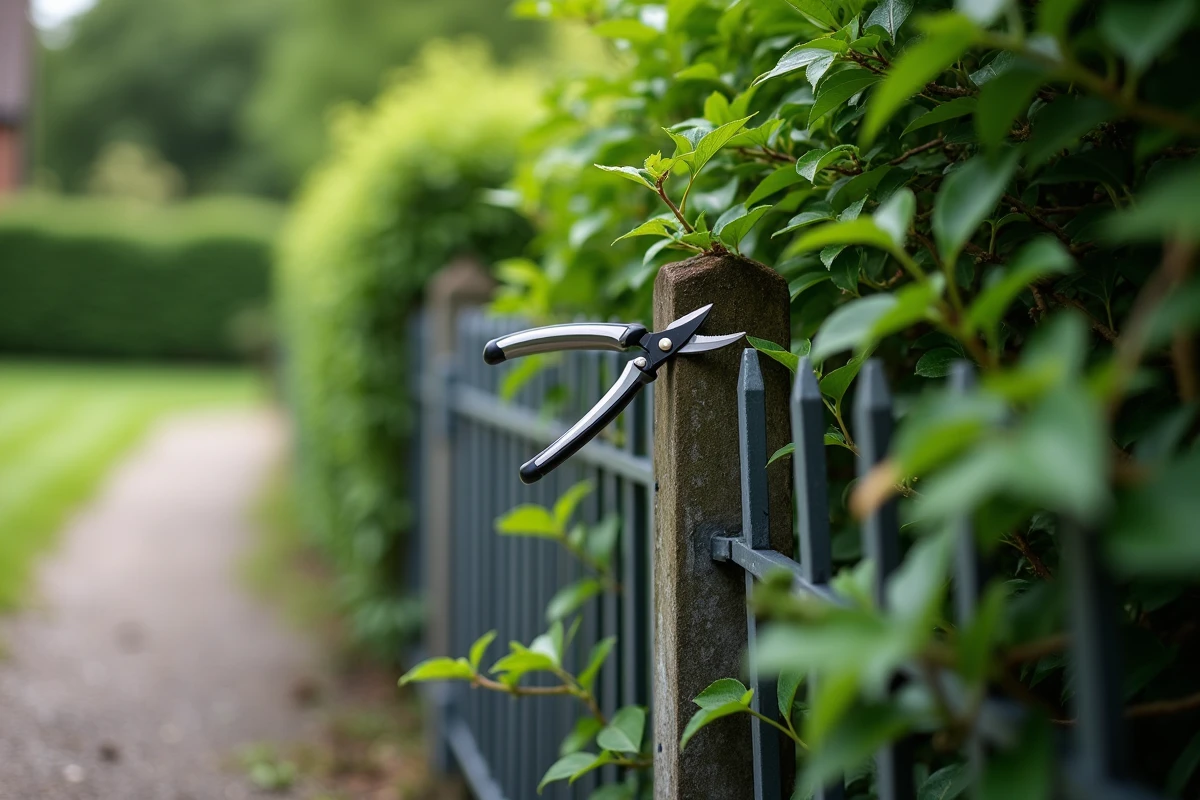 Détail de branches de haie dépassant d'une clôture avec un sécateur posé sur le poteau, illustrant la limite de propriété