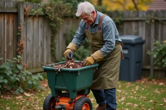 Homme utilisant un broyeur électrique de jardin pour broyer des feuilles et branches en compost dans un jardin en automne