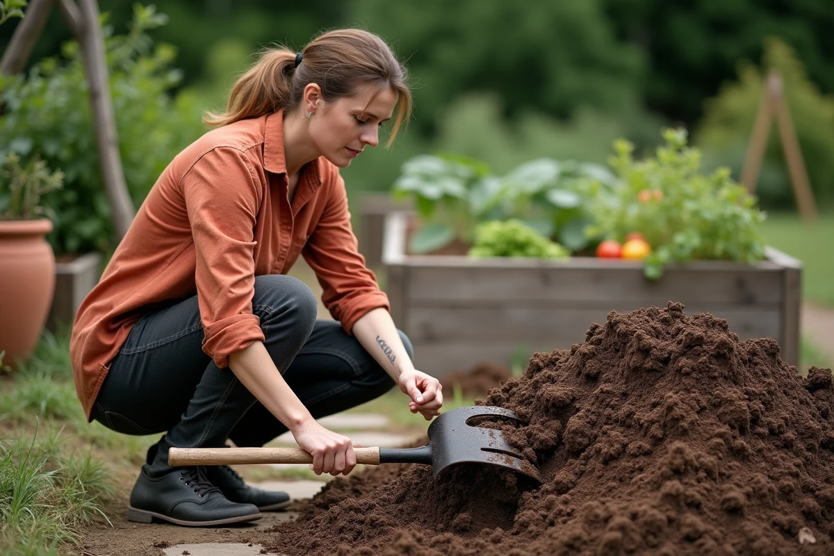 Femme retournant et broyant manuellement un tas de compost avec une fourche dans un potager