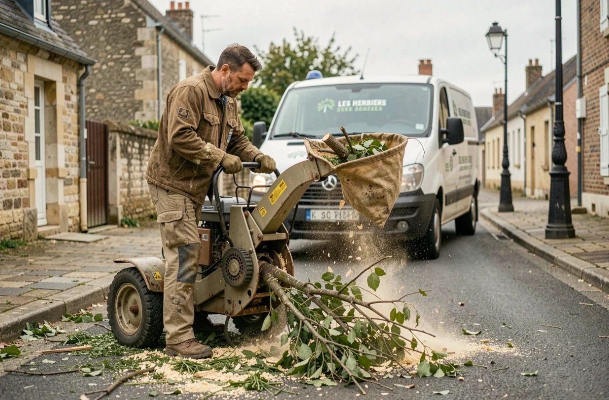 Élagueur utilisant un broyeur de branches dans une rue résidentielle aux Herbiers avec un véhicule utilitaire professionnel