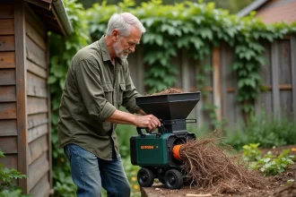 Homme utilisant un broyeur électrique de jardin pour broyer des déchets organiques destinés au compost