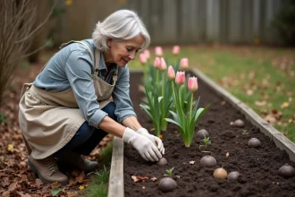 Jardinière examinant des bulbes de tulipes dans la terre en automne