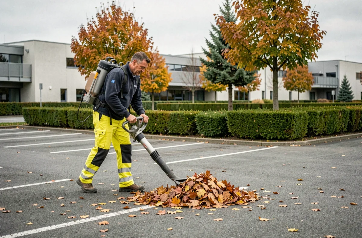 Agent d'entretien de Burte soufflant les feuilles mortes sur un site commercial aménagé