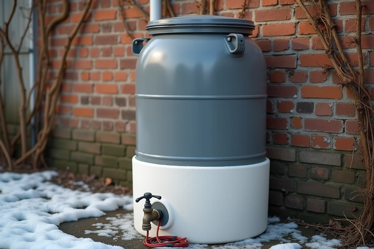Récupérateur d'eau avec câble chauffant antigel et isolation en polystyrène fixé sur un mur en briques