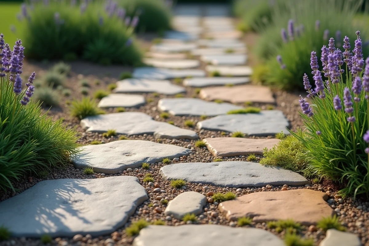 Vue aérienne d'un chemin de pierres irrégulières avec joints de gravier dans un jardin fleuri de style cottage