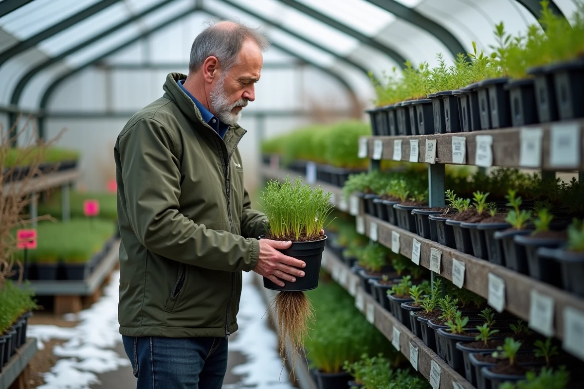 Homme en jardinerie au printemps examinant des vivaces en pot avec des rayonnages de plants derrière lui
