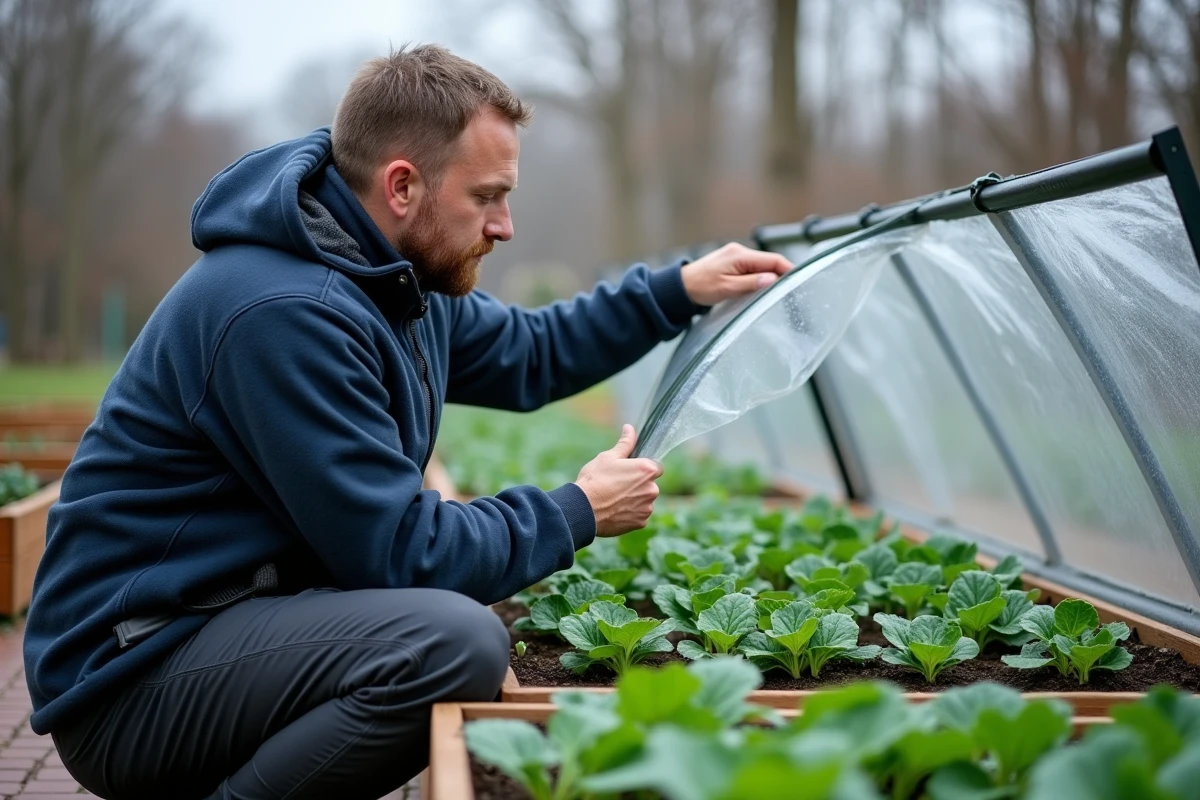 Homme jardinier ouvrant une cloche froide pour vérifier des semis de légumes par temps froid